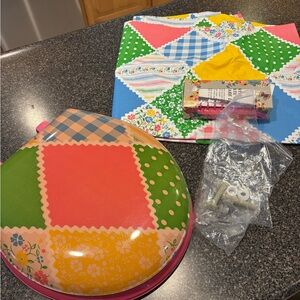 Vintage MCM patchwork toilet seat, vinyl shower curtain and hooks